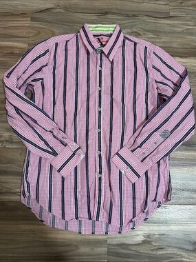 Robert Graham Mens Sz. L Pink Check Stripe Button Front Shirt Flip Cuff L/S
